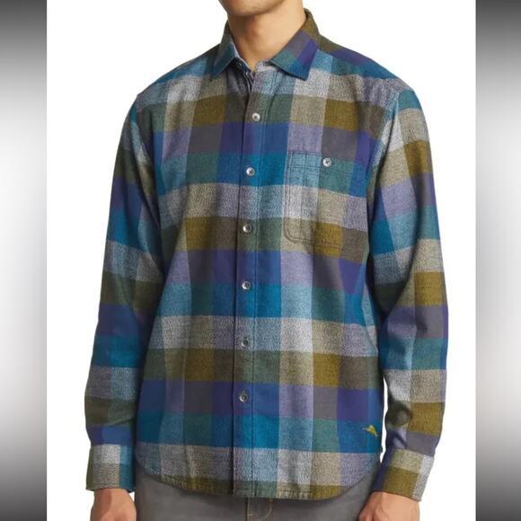 NWT Tommy Bahamas Men's Canyon Beach Bonfire Check Shirt, Burnt Olive Sz small - Picture 1 of 6